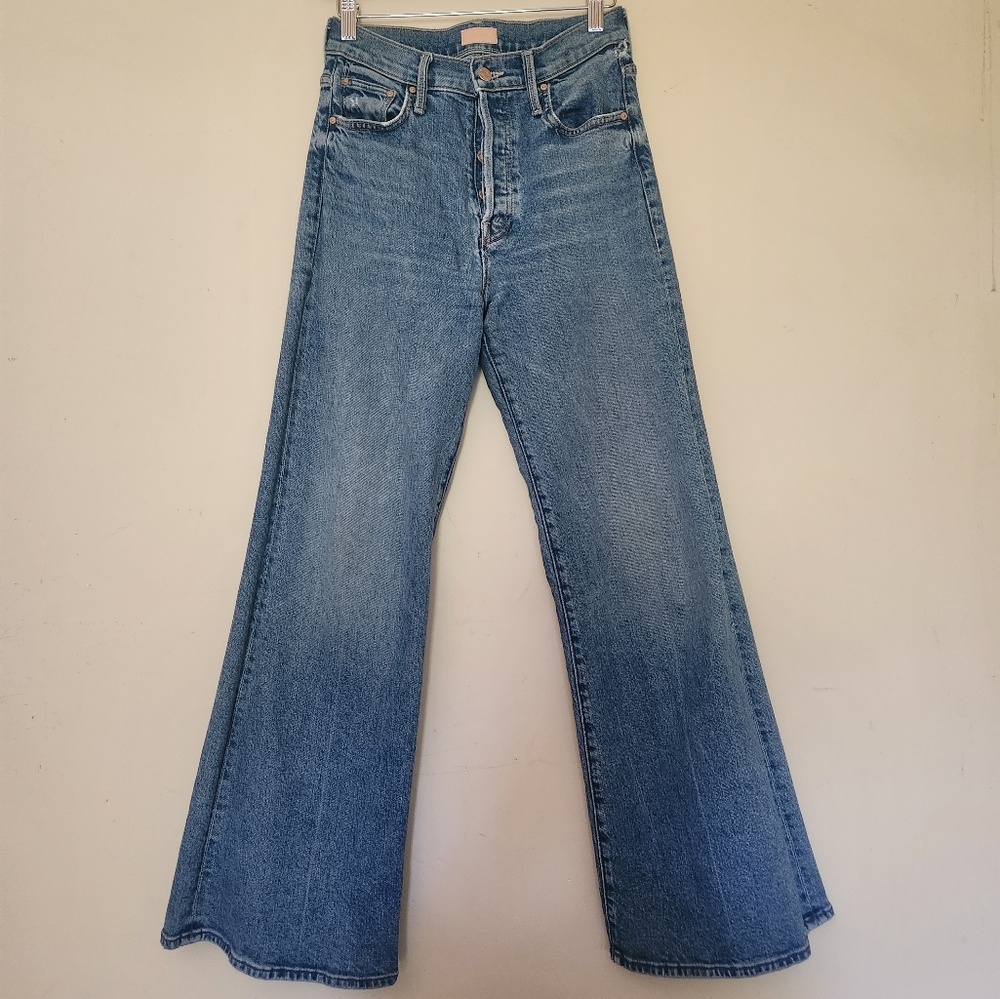Blue Flare Mother Wide Leg Jeans with Subtle Fading